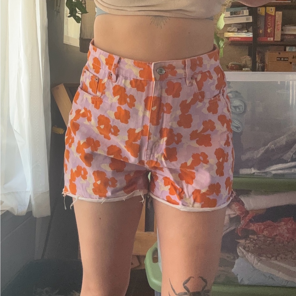 Zara Floral Orange & Pink Women's Denim Shorts